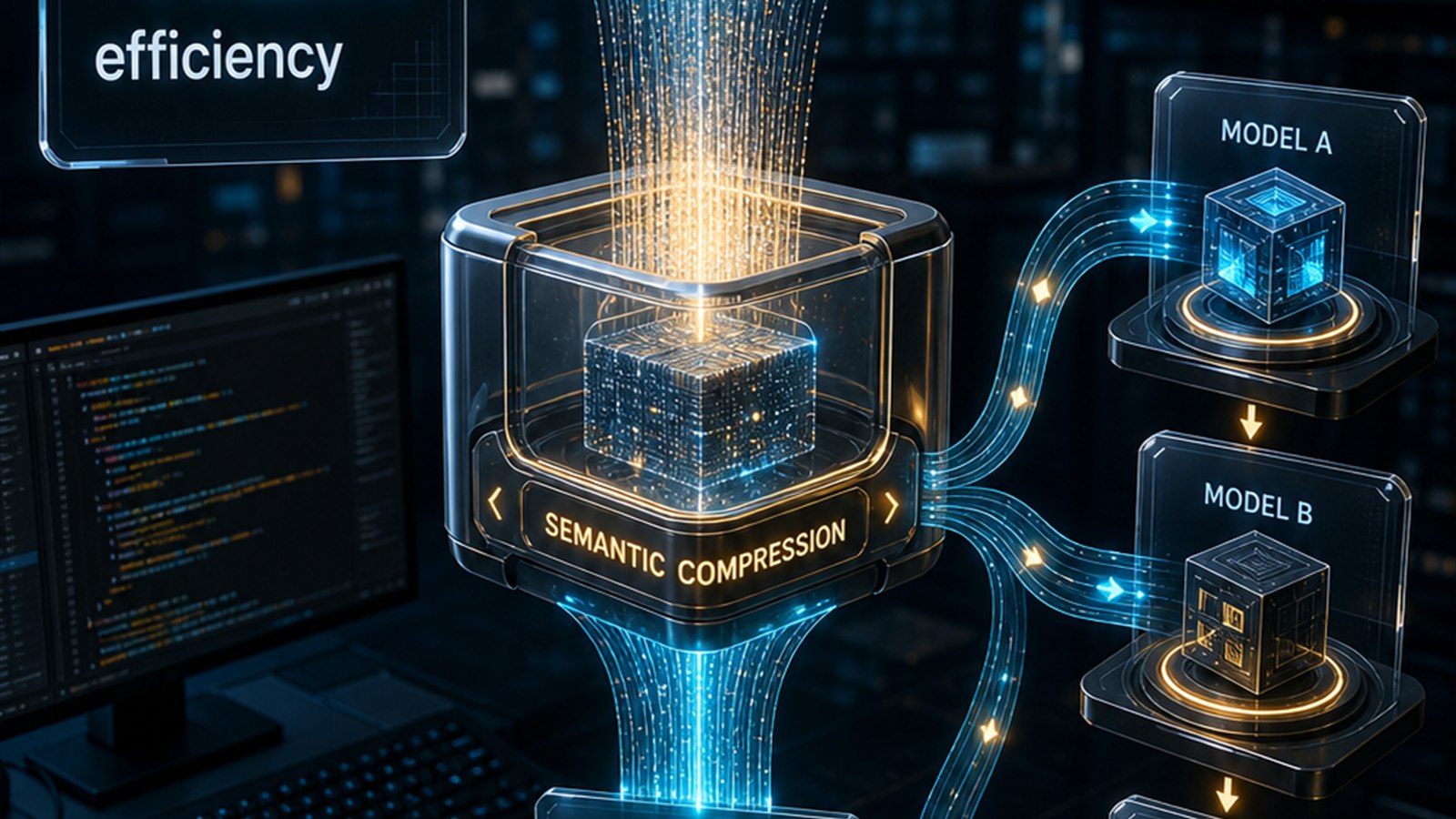 MemQ semantic compression artwork showing raw history compressed into active context for model handoff